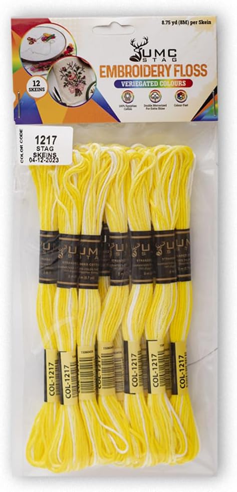Pack of 12 Premium Embroidery Thread | 100% Egyptian Cotton Premium Skeins | Cross Stitch Embroidery Floss | Oeko TEX Certified | Ideal for Arts & Crafts (Yellow Variegated 1217)