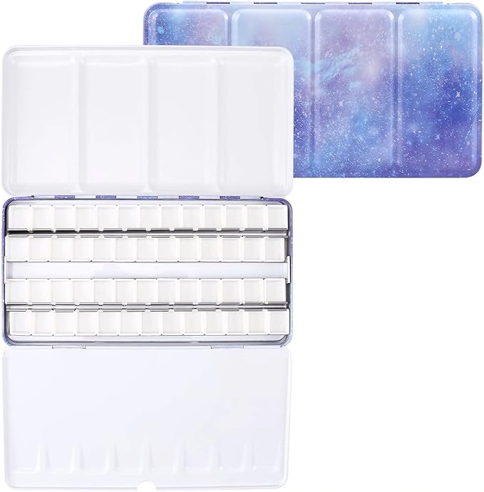 LOONENG Empty Watercolor Palette, Empty Watercolor Tin with Fold Out Palette, Large Purple Watercolor Tray Palette with 52 Empty Half Pans for Plein Air Painting and Sketching