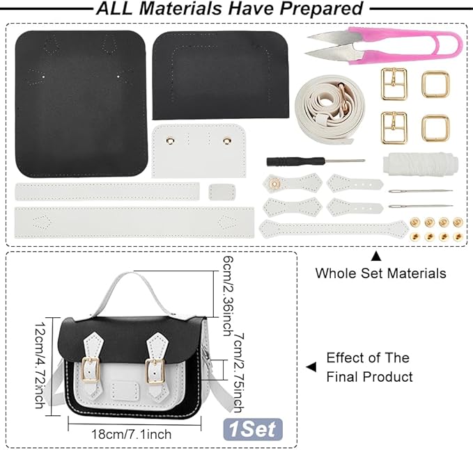 WADORN DIY Crossbody Bag Making Kits, PU Leather Shoulder Bag Sewing Set with Instruction Handmade Satchel Handbag Making Kit Purse Sewing Kit for Women Handicraft Gift, 9.8x3.5x6.7 Inch(Black+White)