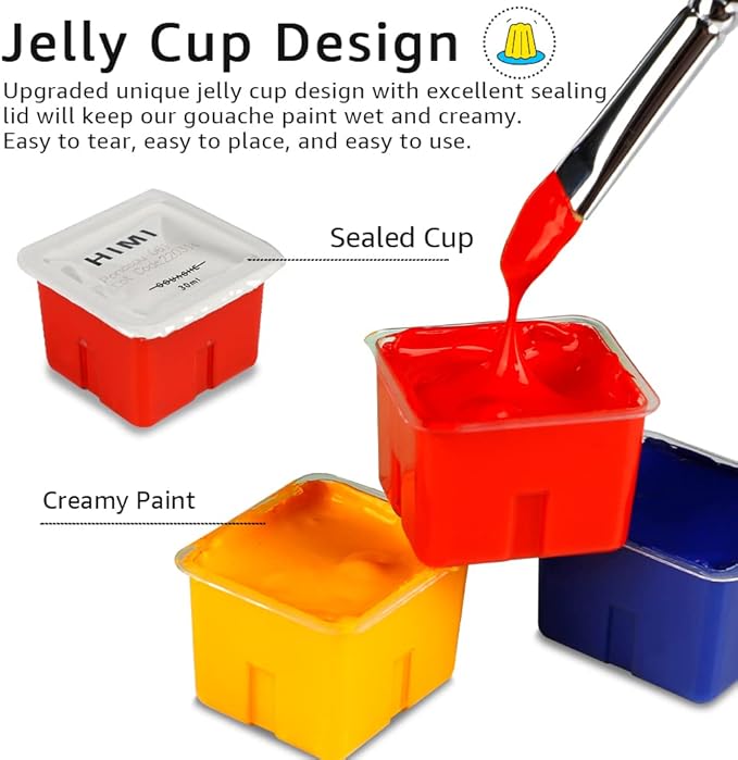 HIMI Gouache Paint Set, 24 Colors x 30ml/1oz with 3 Brushes & a Palette, Unique Jelly Cup Design, Non-Toxic, Guache Paint for Canvas Watercolor Paper - Perfect for Beginners, Students, Artists(Orange)