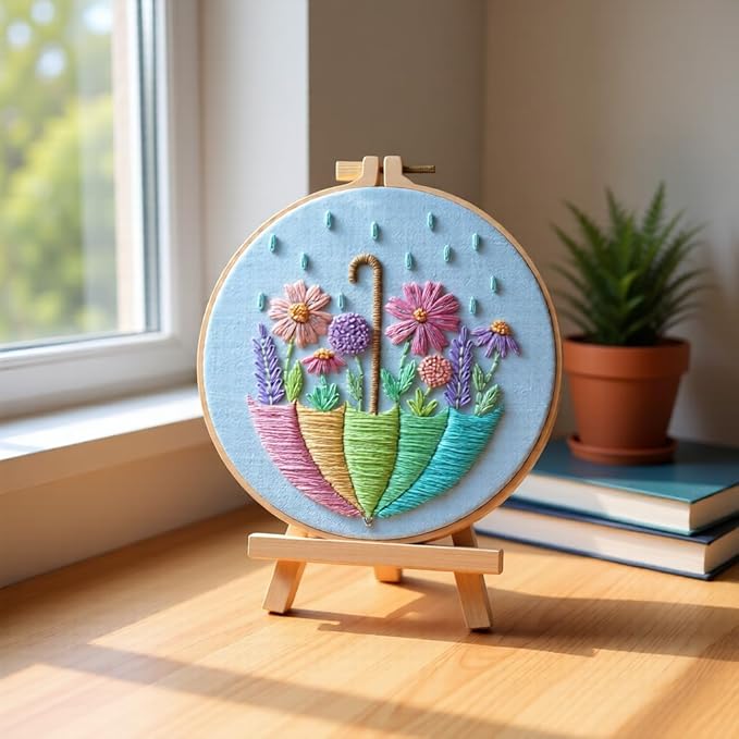 JJFox Embroidery Kit for Beginners and Adults, DIY Hand Embroidery Starter Kit with Cute Pattern, Cross Stitch Needlepoint Set with Hoop, Threads and Instructions (Flower-3)