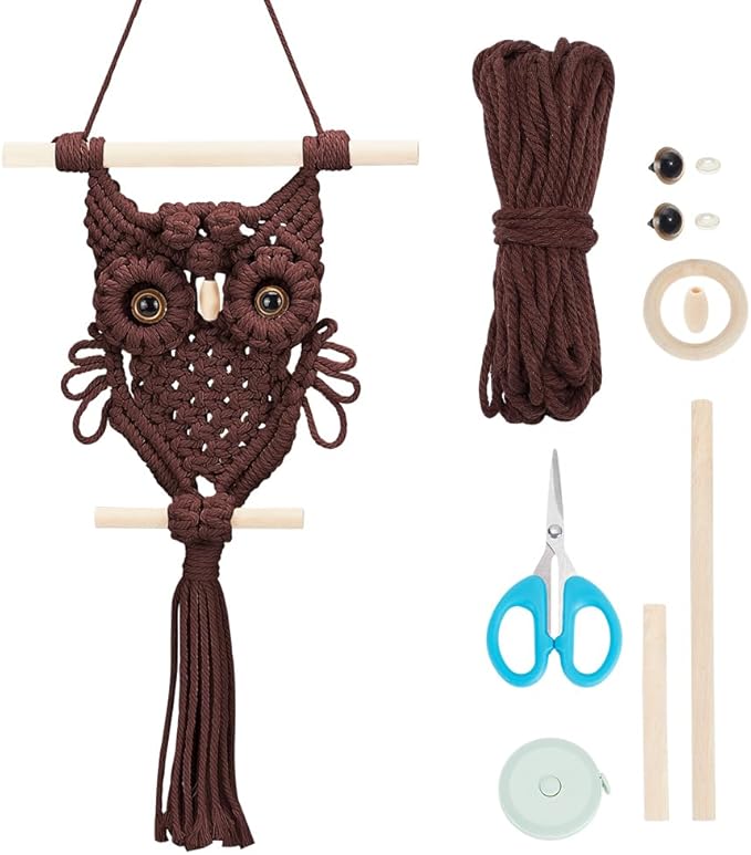 ORIGACH DIY Macrame Owl Wall Hanging Tapestry Kit Brown Cotton Handmade Macrame Owl Kit Boho Macrame Wall Hanging Decor Woven Ornament Gift for Bedroom Living Room
