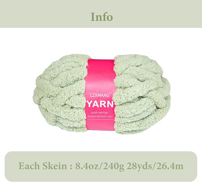 Chunky Chenille Yarn for Hand Knitting and Blankets, Super Soft Jumbo Yarn Pack for Crocheting, Bulky DIY Projects, 8 Skeins (Sage Green)