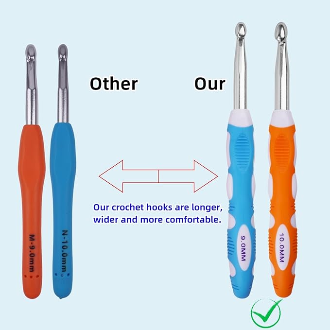 9mm 10mm Crochet Hook, Smooth Metal Head and Soft Rubber Grip Extra Long Ergonomic Crochet Hooks for Arthritic Hands, Beginners and Crochet Enthusiast