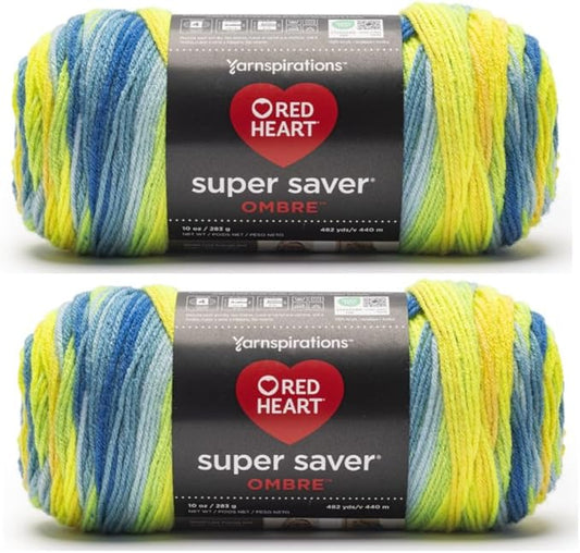 Red Heart Super Saver Ombre Electric Yarn - 2 Pack of 283g/10oz - 100% Acrylic - #4 Worsted (Medium) - 482 Yards - Knitting/Crochet
