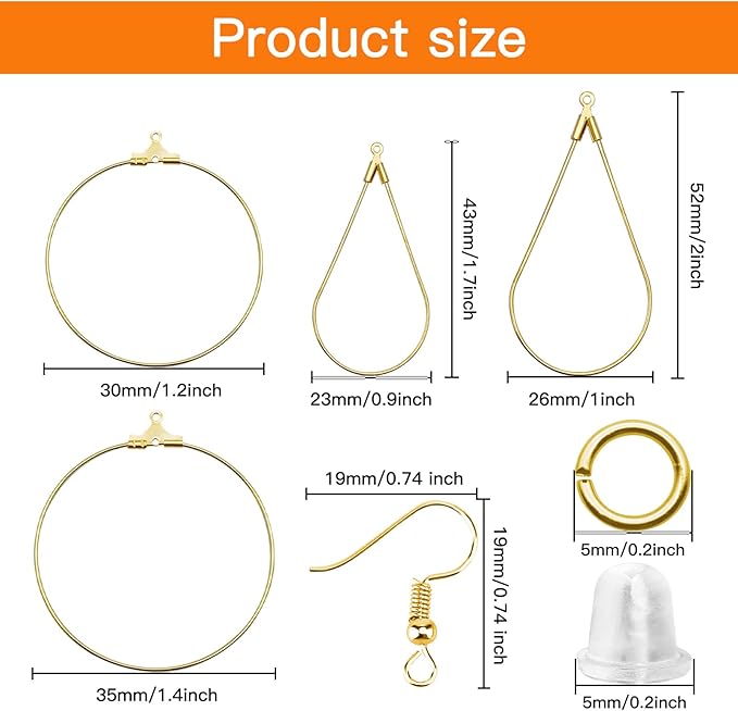 380pcs earring making kit for jewelry making, with teardrop round beading hoop,earring hooks,jump rings,earring backs for diy earrings jewelry craft supplies(k gold, 2 sizes)