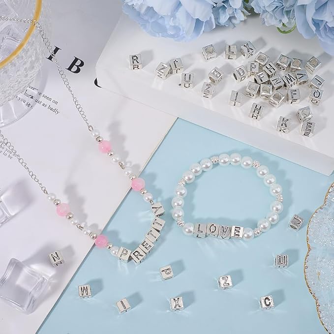 SUNNYCLUE 1 Box 104Pcs 26 Styles Silver Letter Beads Square Alphabet Bead Kit Metal Alloy Antique Cube A to B Charm Large Hole Loose Spacer Beads for Jewelry Making Necklaces Bracelets DIY Crafts