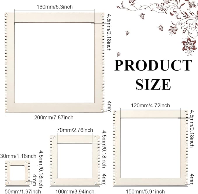 BENECREAT 4 Sizes Wooden Weaving Loom Kit, 2/4/5.9/7.8 inch Square DIY Weaving Loom DIY Weaving Art Tapestry Loom for Hanging Decor Woven Tapestry Knitted Crafts Making, 4.5mm Thick