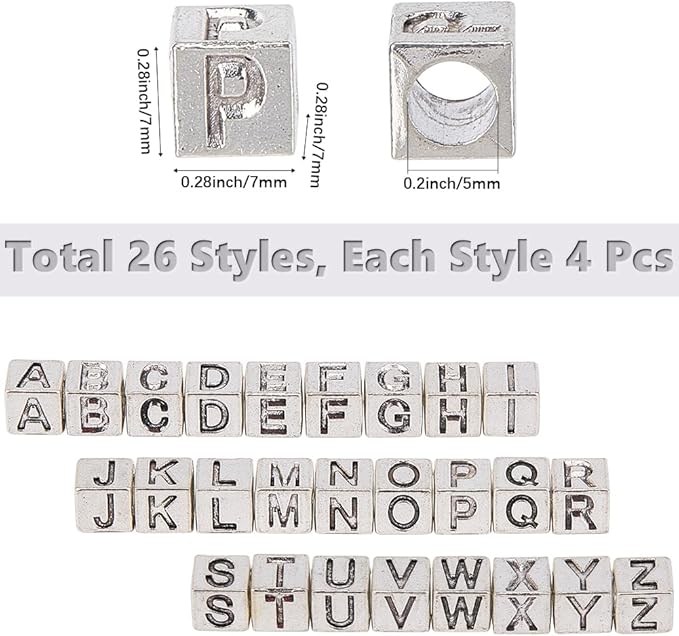 SUNNYCLUE 1 Box 104Pcs 26 Styles Silver Letter Beads Square Alphabet Bead Kit Metal Alloy Antique Cube A to B Charm Large Hole Loose Spacer Beads for Jewelry Making Necklaces Bracelets DIY Crafts