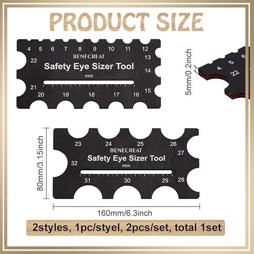 BENECREAT 2Pcs Wooden Safety Eyes Sizer Tool, 4~32mm Diameter Measuring Ruler, Crochet Tool for DIY Craft, Plush Bear Eye Installation, Doll Making, 3x6.3inch