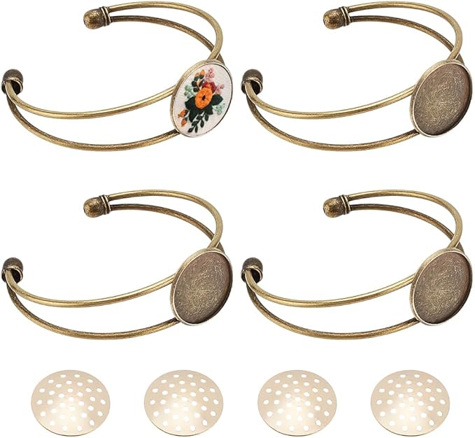 FREEBLOSS 4 Set Bracelet Bazel Settings Embroidery Bezel Pendant Trays Blank Frame for Embroidery Round Pendant Tray Charm for DIY Jewelry Making Needlepoint Supplies