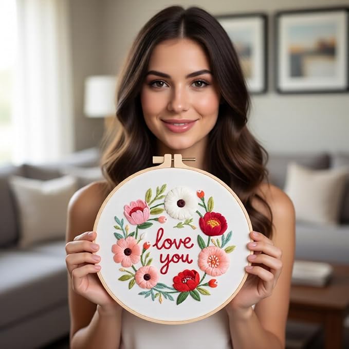 JJFox Embroidery Kit for Beginners and Adults, DIY Hand Embroidery Starter Kit with Cute Pattern, Cross Stitch Needlepoint Set with Hoop, Threads and Instructions (Love You)