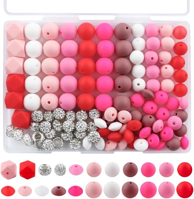 120Pcs Multicolor 12mm 15mm Silicone Beads for Keychain Making, 14mm Hexagon Beads Rhinestone Round Spacer 10mm for DIY Handicrafts(Pink)