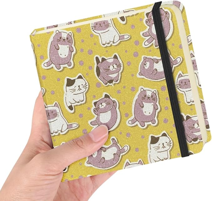 Square 4.8x4.8 inches 80gsm 96sheets/192 Pages Notebooks Blank Sketchbooks Travel Journal Pocket Hardcover Paint Writing Diary Memo Planner Cloth Cover. Yellow Cat