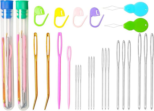Hekisn 45Pcs Large Eye Blunt Yarn Needles kit, Assorted Sizes Bent Tapestry Darning Needle, Sewing Needles with Needle Threaders & Stitch Markers for Knitting Crochet (Green&Blue)