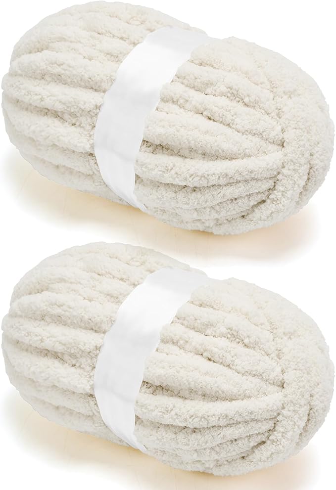 Chunky Chenille Yarn for Crocheting/Arm Knitting, Super Soft Jumbo Knit Blanket Yarn Beige 2 Pack (32 yds, 8.5 oz Each Pack)