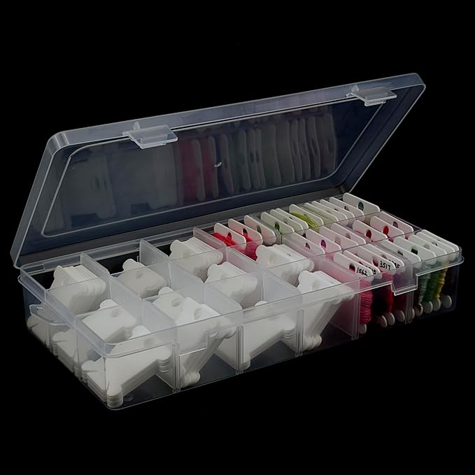 Embroidery Floss Organizer, 1 Removable 18 Compartments Cross Stitch Thread Storage Box with 100 Plastic Embroidery Floss Bobbins, 1 Floss Winder and 1 Marker