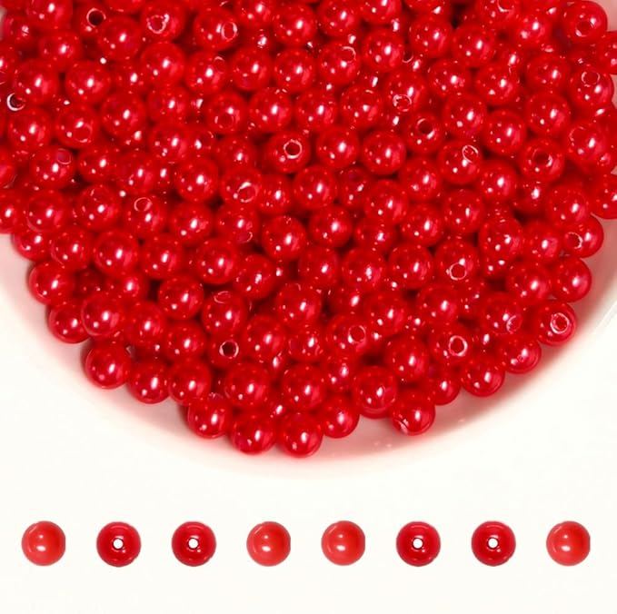 Pearl Beads for Jewelry Making Holes ABS Craft Beads with Holes for Jewelry Making, Bracelet, Necklace Crafting Bulk Bead Kit (6mm, Red/1500 pcs)