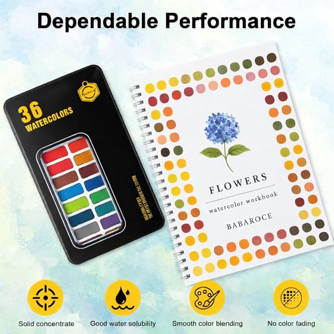 Spiral-Bound Watercolor Workbook with Guided Flower Illustrations – Beginner Painting Practice Book with Themed Sketch Pages, Includes 36 Color Watercolor Set & Brushes (Flowers)
