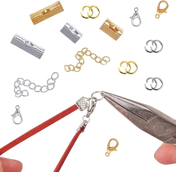 EuTengHao 440Pcs Ribbon Bracelet Kit Bookmark Pinch Crimp Ends Jewelry Findings Supplies Includes Ribbon Ends Crimps Lobster Clasps Open Jump Rings and Chain Extenders (Gold and Silver)