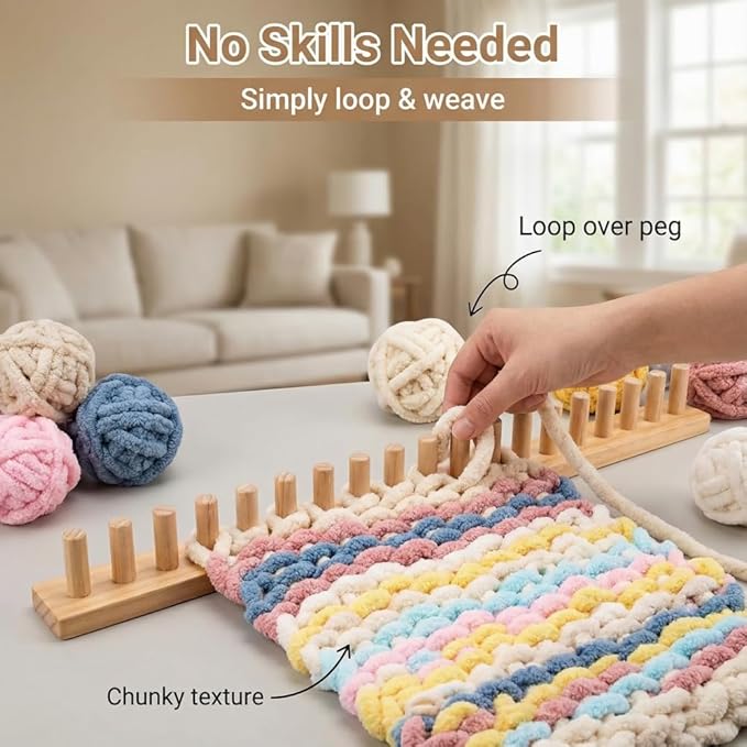 Anpyxun 48'' Chunky Yarn Loom for Blankets, Adjustable Blanket Loom for Chunky Yarn for Hand Knitting, DIY Wooden Weaving Loom for Making Cozy Throw Blankets, Beginner Friendly Craft Project
