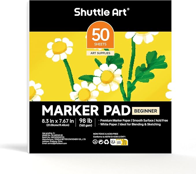 shuttle art marker pad, 8.3”x7.67” portable square sketchbook, 50 sheets marker drawing paper, 98lb/160gsm smooth surface bleedproof art paper, glue-bound, great for beginners to draw, paint & sketch