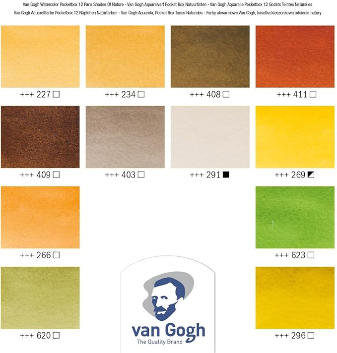 Van Gogh Watercolor Paint Set, Plastic Pocketbox, 12-Half Pan Shades of Nature Selection