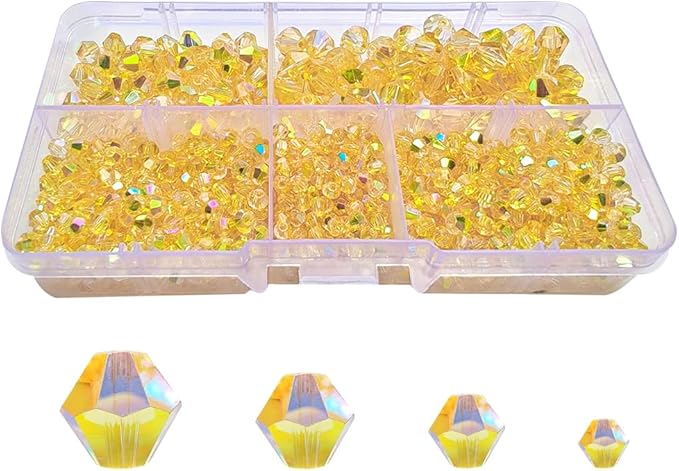 Shiny Gold Bicone Glass Beads for Jewelry Making, Faceted Crytal Spacer Beads for Bracelet Necklace Earring (3mm 4mm 6mm 8mm Mixed Sizes, 1040pcs)
