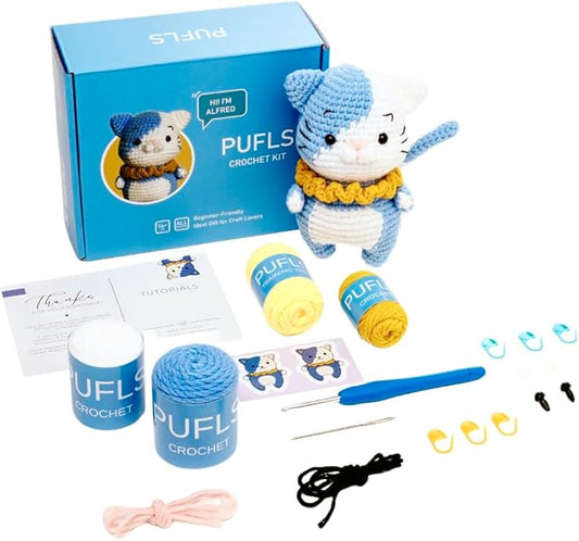 PUFLS Cat Crochet Kit for Beginners Kids, Beginner Crochet Kit for Adults and Kids with Video Tutorials, Crochet Kits with Mini Crochet Animals, Knitting Kit for Beginners and Cute Crocheting Kit