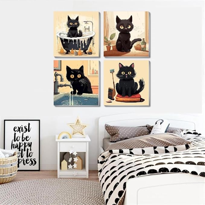 Funny Black Cat Paint by Numbers Kit for Adults Beginners, 4 Pack Cute Cat Easy Framed Adults Paint by Numbers Kits, DIY Black Cat Acrylic Oil Painting Number Kits for Home Wall Decor (8 x 8 Inch)