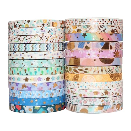 YUBBAEX 24 Rolls Skinny Washi Tape Set Gold Foil Print Decorative Tapes for Arts, DIY Crafts, Bullet Journals, Planners, Scrapbooking, Wrapping (Basic 5mm)
