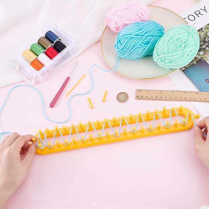 HOBBIESAY Long Knitting Loom 36cm Scarf Knitter Crochet Loom Rectangle Knitting Looms Knitting Kit Orange with Hook Needle for Beginners Scarf Sweater Shawl Blankets Knittings Kit Hole:4mm