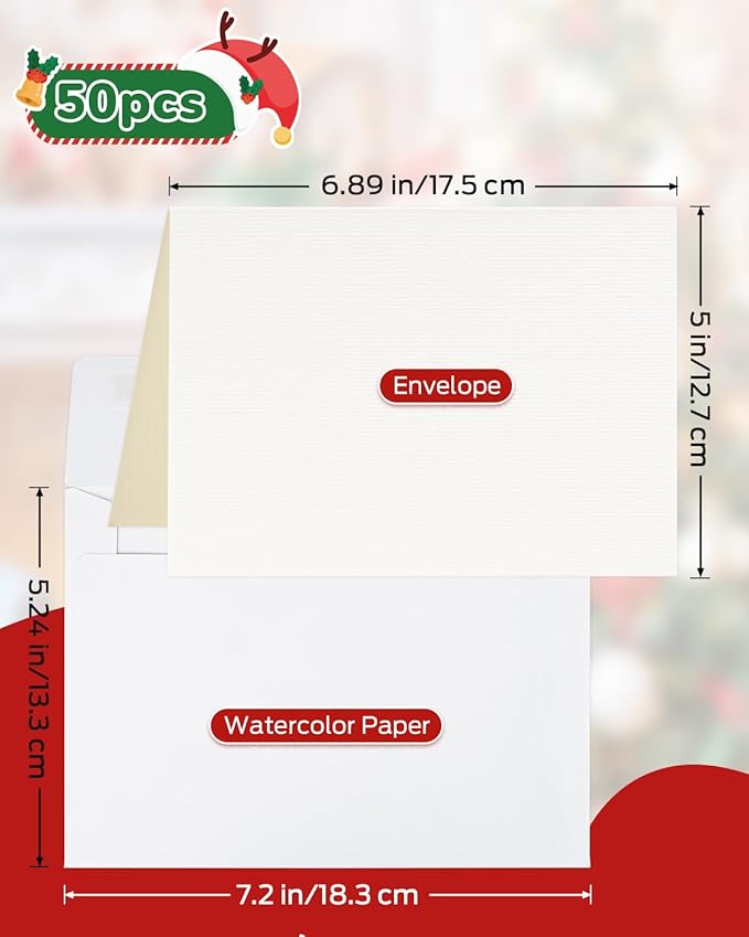 Watercolor Cards and Envelopes Set - 50 Folded 5x7 Inch Blank Heavyweight Paper Cards (140lb/300gsm) with Matching Envelopes for DIY Greeting Cards, Festivals, and Events