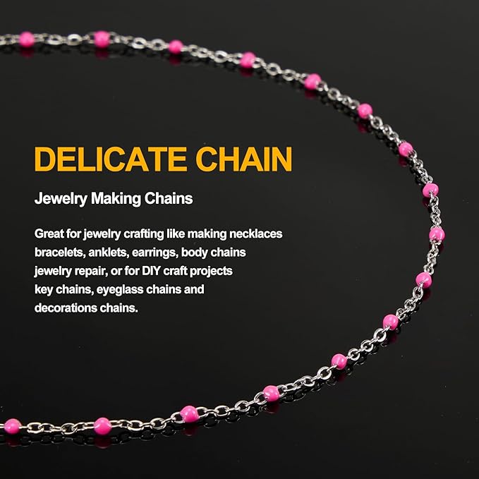 KYUNHO 16.4 Feet Stainless Steel Cable Chain Links on Roll Rose Red Enamel Bead Jewelry Supplies for Crafting Silver Chains for Jewelry Making with Jump Rings Lobster Clasps