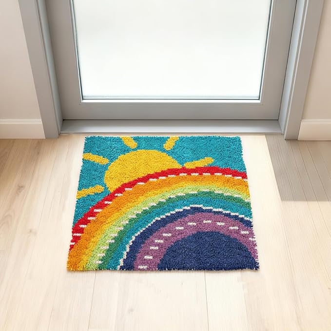 ORIGACH Rainbow & Sun Latch Hook Rug Kit for Adults Printed Rug Making Kit Handmade Carpet Tapestry Cover with Hook Latch and Preprinted Canvas, Home Arts Crafts Sofa Decor, 17.72x17.72inch