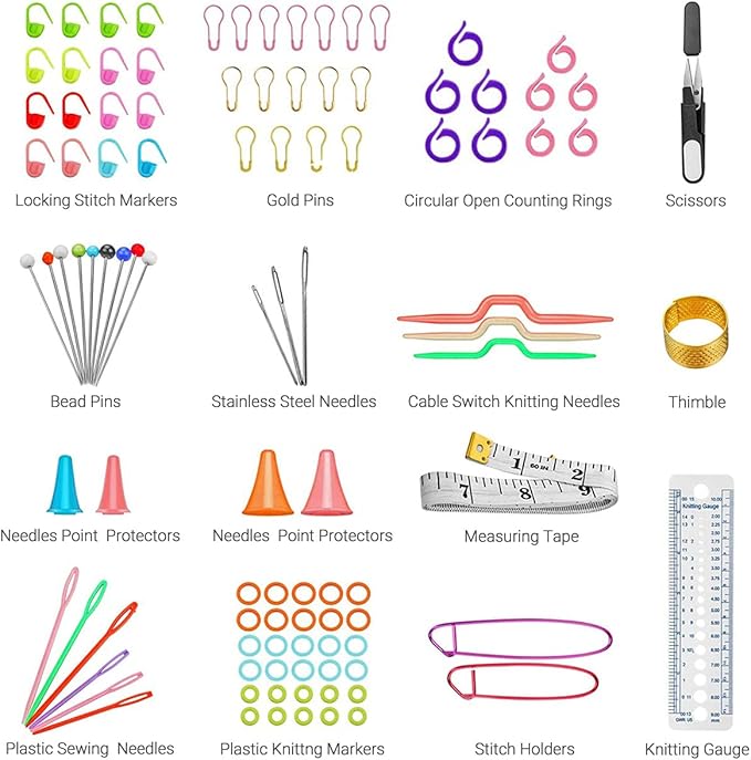 URWOOW 100 Pcs Crochet Hook Set with Yarn Knitting Needles Sewing Tools Full Set Knit Gauge Scissors Stitch Holders Household Tool Kit