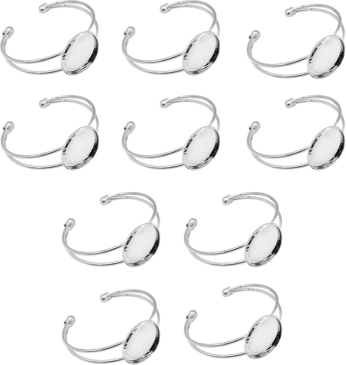 MIAO JIN 10 Pcs 25 mm Adjustable Round Cabochon Bezel Tray Blank Bangle for Crafting DIY Bracelets Making(Silver)