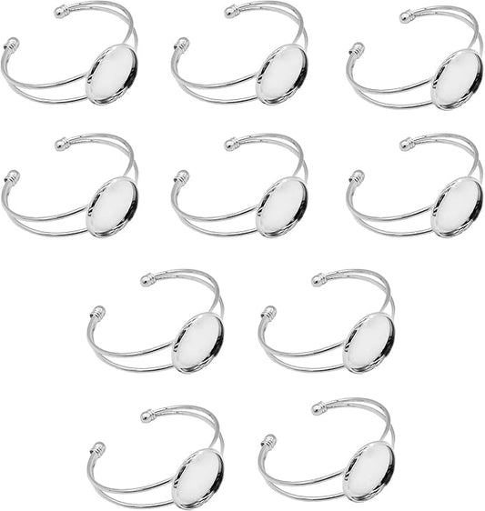MIAO JIN 10 Pcs 25 mm Adjustable Round Cabochon Bezel Tray Blank Bangle for Crafting DIY Bracelets Making(Silver)