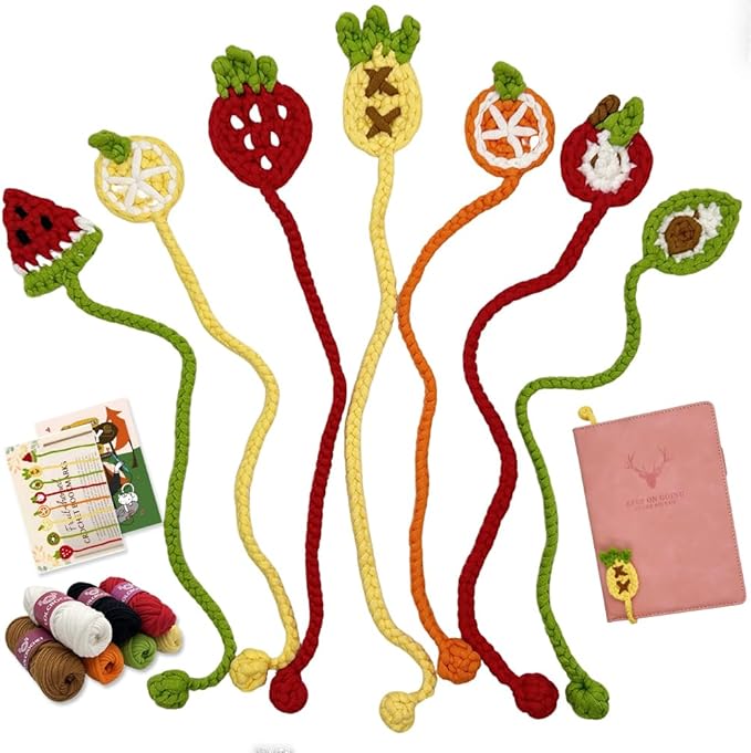 LOLCROCHET Crochet Kit for Beginners, 8pcs Fruit-Themed Learn Bookmarks Crochet Starter Set with Video Tutorial & Manual, Easy Yarn Knitting Kit for Adults, DIY Xmas Holiday Crocheting Gift