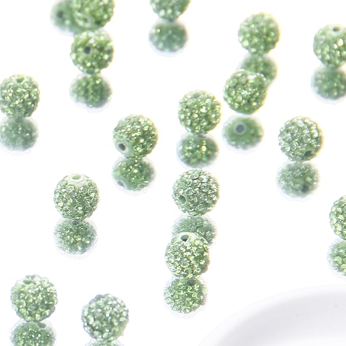 150 Pcs 10mm Rhinestone Beads for Jewelry Making, Light Green Shiny Round Shamballa Disco Baseball Necklace Beads Sparkle Crystal Clay Pave Rhinestones Bead for DIY Bracelet Earring Making Supplies