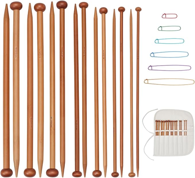 EVERJOYCRAFT 14pcs 7 Pairs Natural Bamboo Knitting Needles Set with Yarn Stitch Holders & Canvas Bag Long Single Point Straight Wood Needles Knitting Starter Kit for Beginners Adults Sweater Scarf