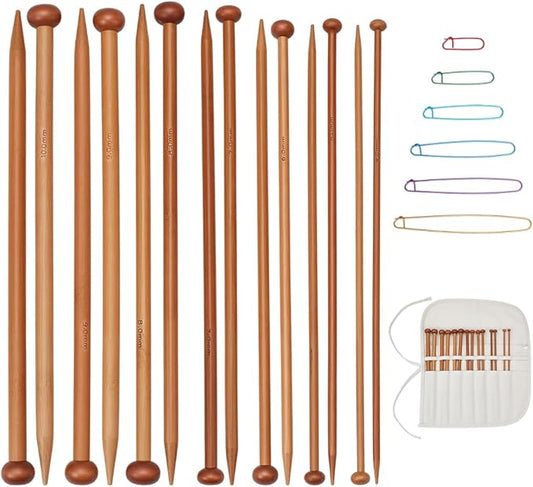EVERJOYCRAFT 14pcs 7 Pairs Natural Bamboo Knitting Needles Set with Yarn Stitch Holders & Canvas Bag Long Single Point Straight Wood Needles Knitting Starter Kit for Beginners Adults Sweater Scarf