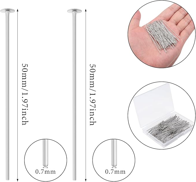 200 Pcs 50mm Straight Head Pins for Craft Earring Bracelet Necklace Pendant DIY Jewelry Making, Platinum Color