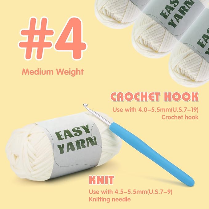 UzecPk 4x50g (7.1Oz) Yarn for Crocheting, 4x87Yds Crochet Yarn, Cotton Beginner Yarns with Easy-to-See Stitches, Blend Crochet Kit Making Milky White