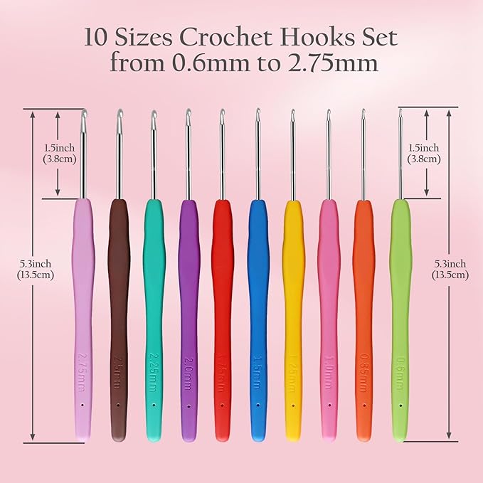 blingcute 50-piece ergonomic crochet kit (0.6mm-8.0mm), pain-free hooks for arthritis hands, portable aluminum needles set with pink travel organizer, best gift for beginners & lace projects