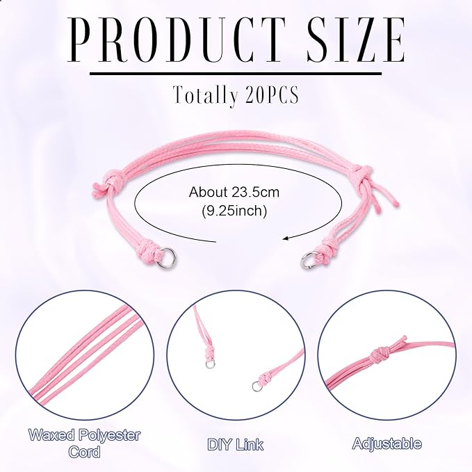 KISSITTY 20pcs Adjustable Bracelet Cords for Connector Charms Waxed Polyester Thread Cord Pink Color Half Finished Bracelet for Friendship Bracelets Jewelry Making