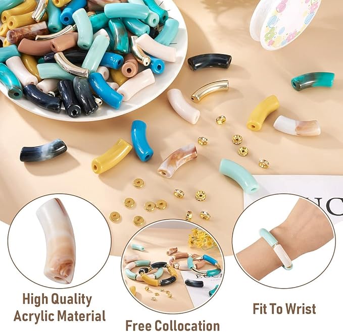 Sparkeads 110PCS Bamboo Tube Bracelet Making Kit for Women Friendship Gift Stacking Bangles Chunky Curved Acrylic Beads Rhinestone Beads Metal Spacers Elastic Thread