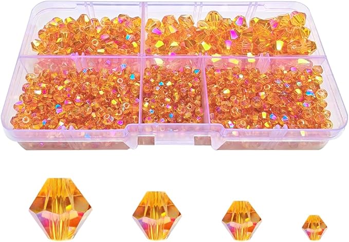Golden Rose Bicone Glass Beads for Jewelry Making, Faceted Crytal Spacer Beads for Bracelet Necklace Earring (3mm 4mm 6mm 8mm Mixed Sizes, 1040pcs)