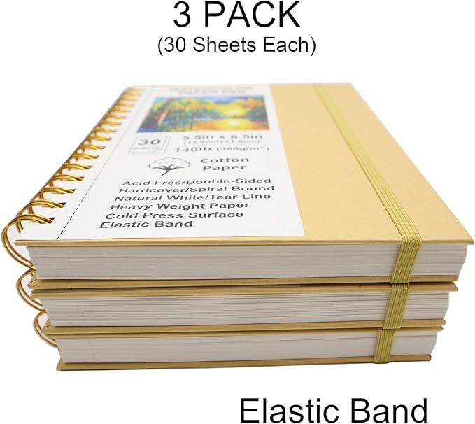 Watercolor Paper Pads, 5.5x8.5, 3Pack, Kraft Hardcover Sketch Books, 140lb/300gsm Heavyweight Cotton Paper, Spiral Bound, Cold Pressed, Dual-Sided(Smooth&Texture), Painting Paper for Artists Students