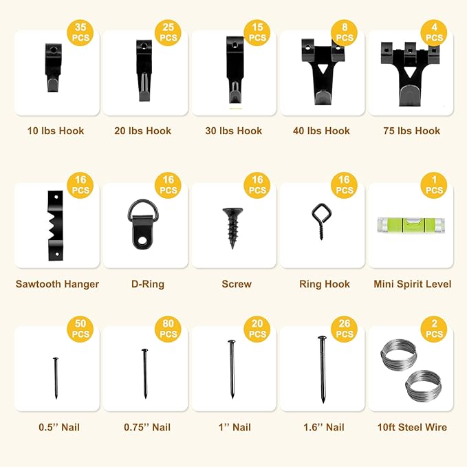 Picture Hanging Kit, 330pcs Picture Hangers, Wall Hangers, Nails for Hanging Pictures, Wall Hanging Kit, Hanging Wire, Screw Eyes, D Ring and Picture Hanging Tool for Frame Canvas Mounting
